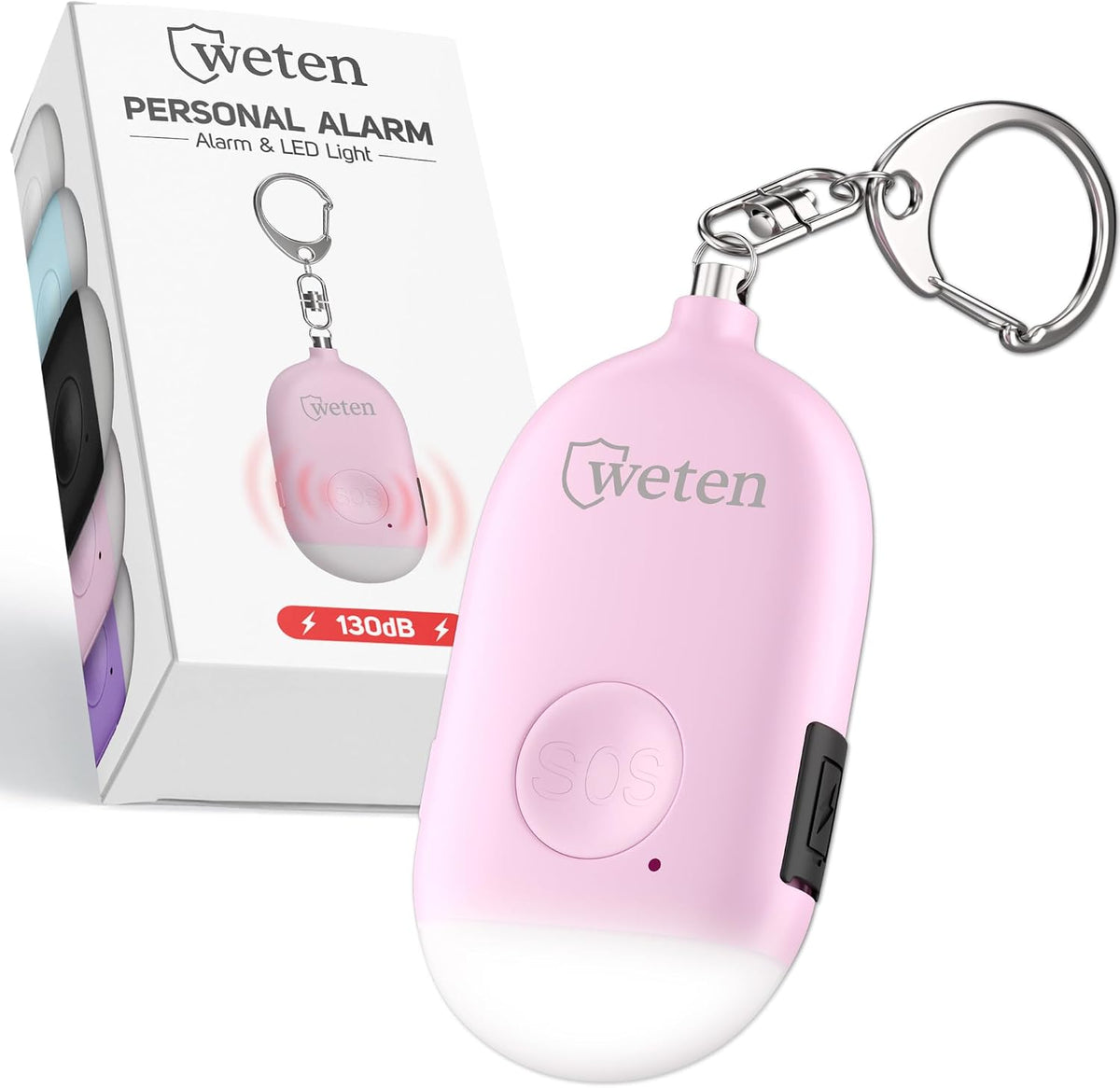 Weten Rechargeable Personal Alarm Keychain - 130dB Siren & LED Light - Stylish Personal Safety Alert for Women to Carry - Panic Button Alarm for Security - Rape Whistle for Self Defense (Pink)