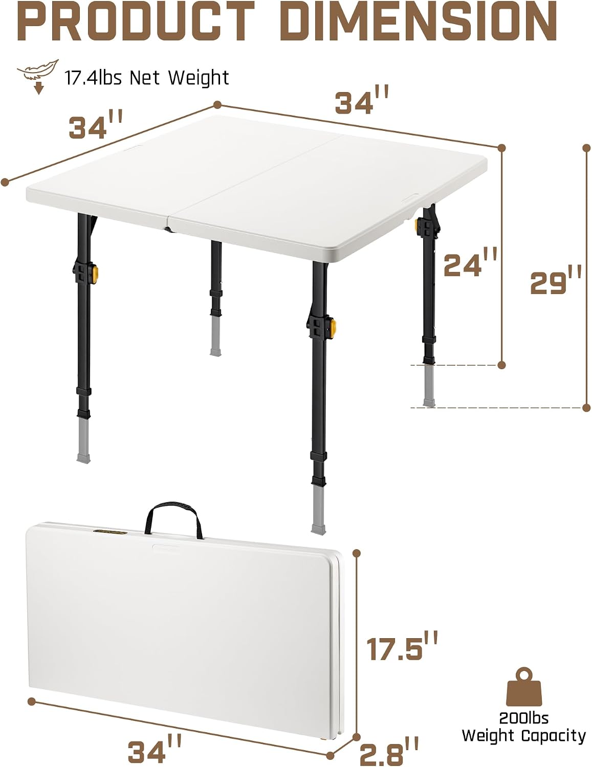 FanttikOutdoor Folding Card Table 2 Heights, 34" Square Plastic Party Table