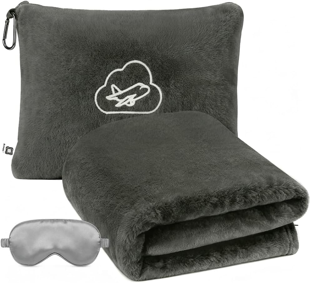 Travel Blanket, Airplane Blanket, Ultra-Soft, Warm & Lightweight, 65x40 in, Outdoor Blanket Essentials for Women, Men & Kids, Included Eye Mask, Luggage Sleeve & Backpack Clip Dark Grey
