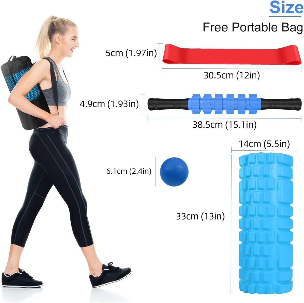 Aucuu 5 in 1 Foam Roller Set Includes Hollow Core Massage Roller, Yoga Stick, Massage Ball, Fitness Stretching Strap, Massage Roller, Carrying Bag, Towel (Blue)