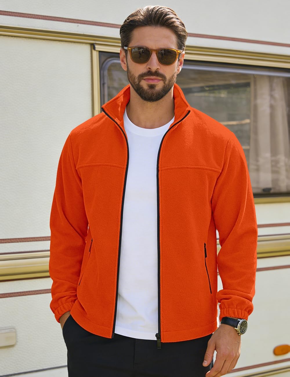 Mens Polar Fleece Jacket Full Zip Lightweight Casual Outdoor Jackets Stand Collar Warm Coats with Pockets