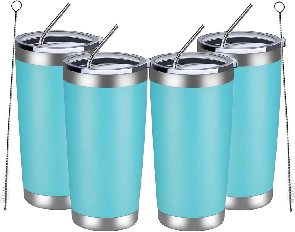 MEWAY 20oz Tumbler 4 Pack Double Wall Vacuum Insulated Travel Mug Bulk, Stainless Steel Tumblers with Lid and Straw, Durable Powder Coated Coffee Cups for Cold & Hot Drinks (Light Blue, 4)