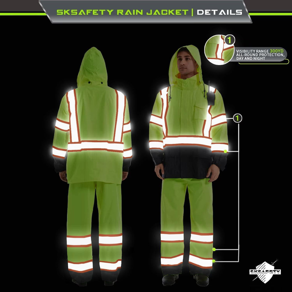 SKSAFETY Hi Vis Safety Rain Jacket for Men, Construction Work Rain Gear Heavy Duty Class 3 Rain Coat Waterproof Lightweight