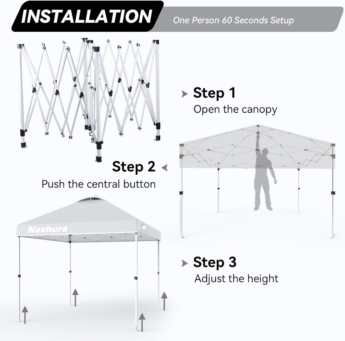 Nazhura 10' x 10' Pop Up Canopy Tent with Sand Weight Bag, Freestanding Sun Shelter for Picnic and Camping, One Person Setup and Height Adjustable (White)