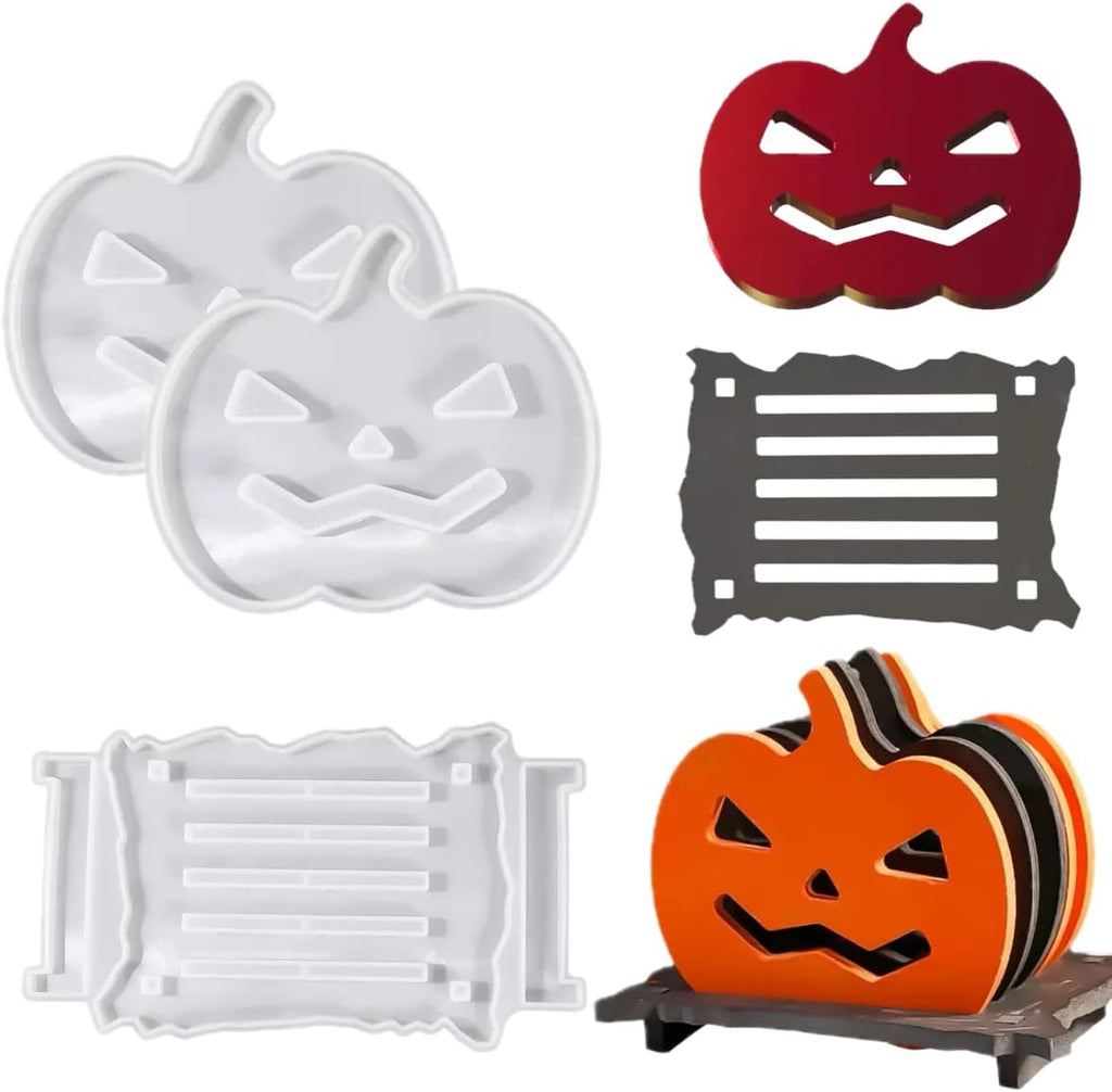 6 Pcs Pumpkin Epoxy Coaster Resin Molds Silicone with Holder, Halloween Pumpkin Coaster Molds Holder Set for Epoxy Resin, DIY Art Craft Cup Mats
