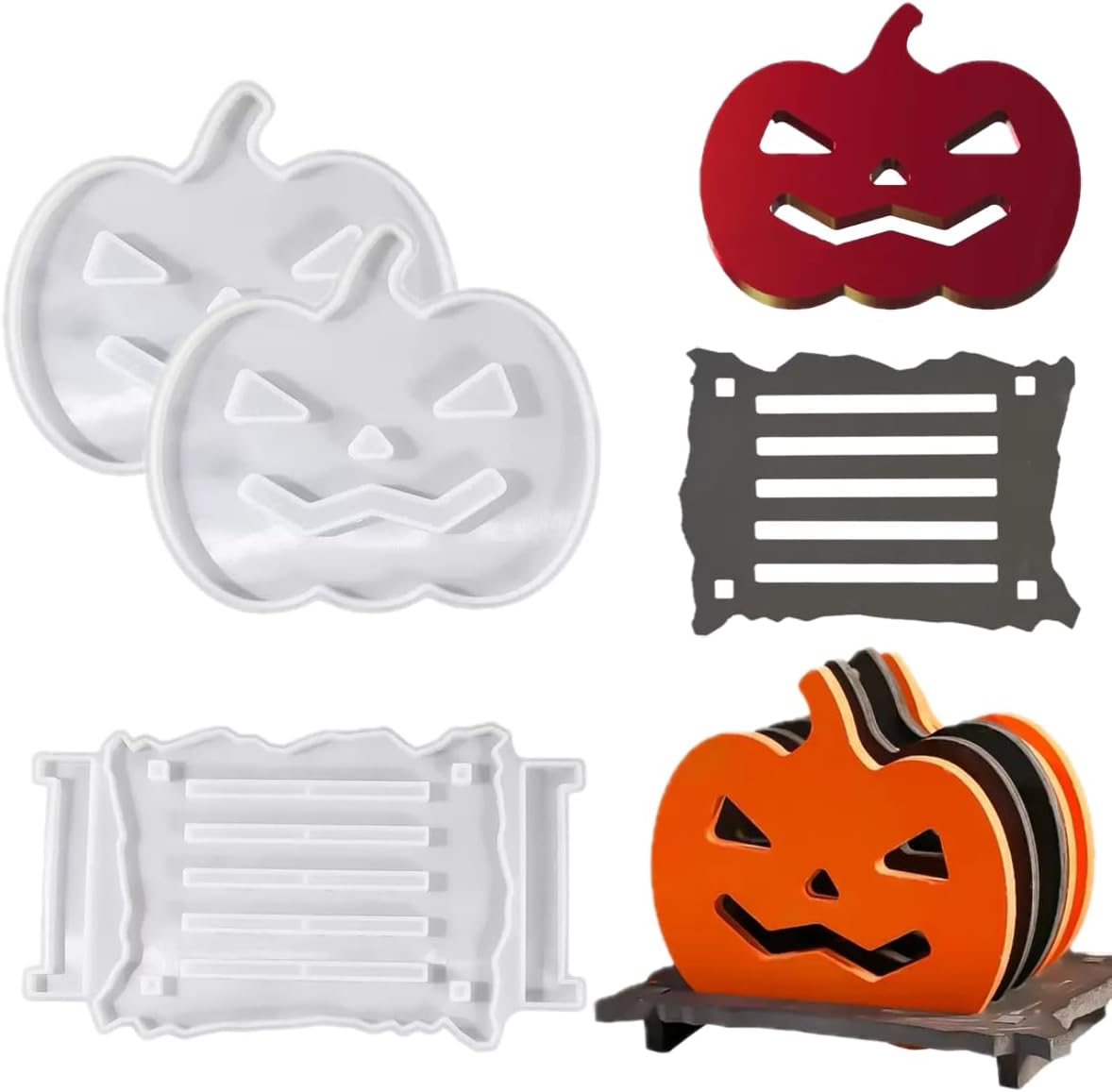 6 Pcs Pumpkin Epoxy Coaster Resin Molds Silicone with Holder, Halloween Pumpkin Coaster Molds Holder Set for Epoxy Resin, DIY Art Craft Cup Mats