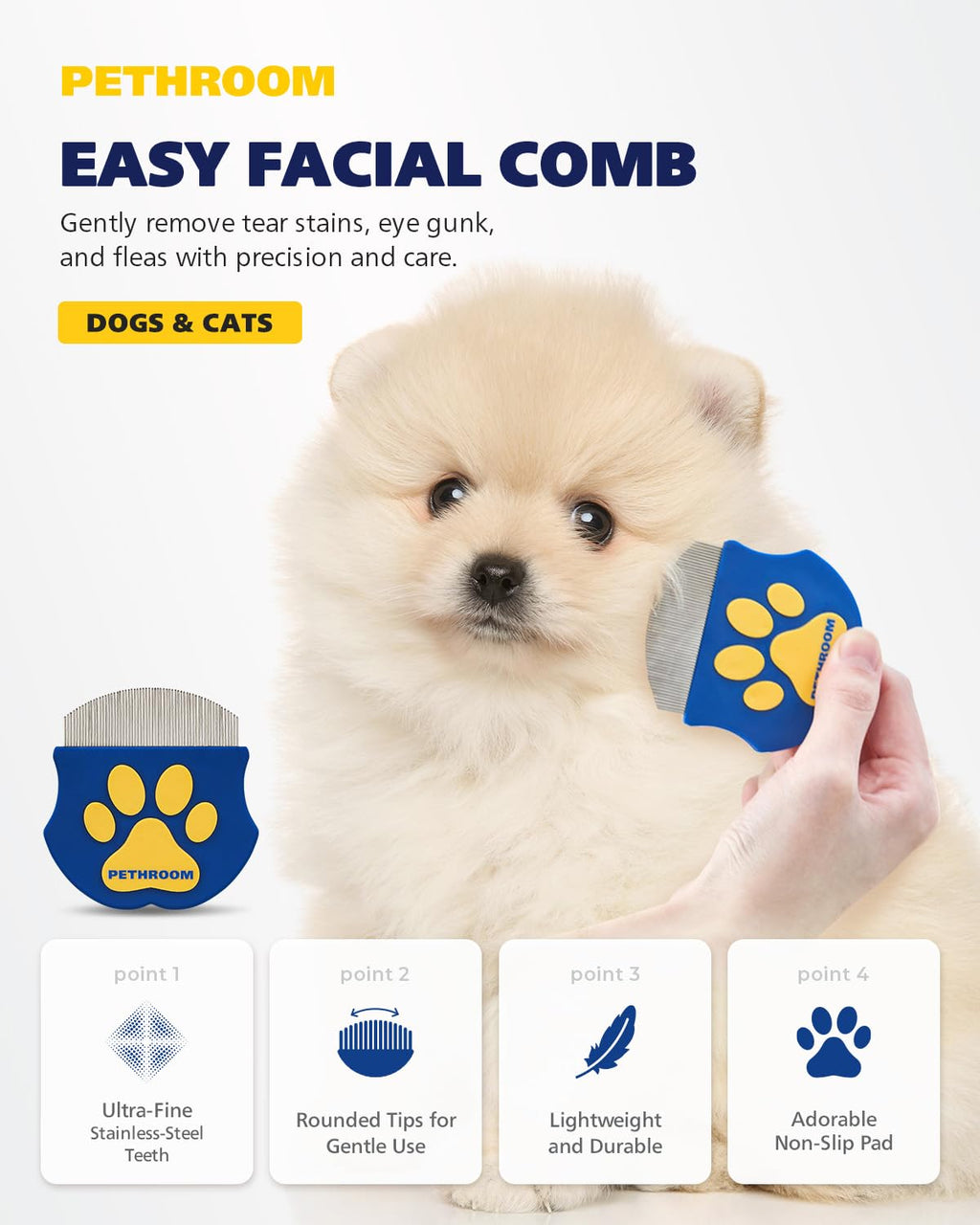 PETHROOM Professional Eye Comb for Pets, Stainless Steel Tear Stain Remover