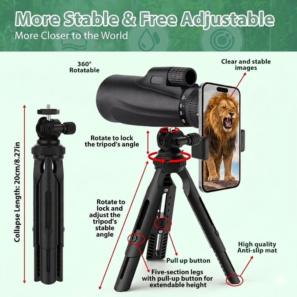 Monocular Telescope 80 x 100 High Powered Monoculars for Adults with Tripod, Monocular for Smartphone Suitable for Bird Watching Larger Vision Monoculars for Adults with BAK4 Prism & FMC Lens Black
