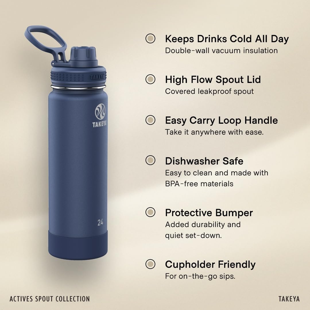 Takeya Actives Stainless Steel Water Bottle, Insulated Spout Lid, Keeps Drinks Cold 24 Hrs, Leakproof, Durable, Dishwasher Safe, Ideal for Gym, Travel, Fits Most Cup Holders, 24 oz/Lilac