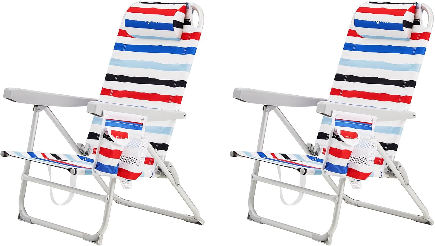 SUNNYFEEL Portable Beach Chair, Folding Low Back Beach Chair, Lightweight Camp Chair with Reclining Position, Backpack Lounger for Beach, Camping, Lawn, Outdoor, Red Blue White Striped, 2 Pack