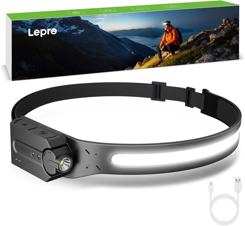 Lepro LED Rechargeable Headlamp Motion Sensor 230°Wide Beam Waterproof