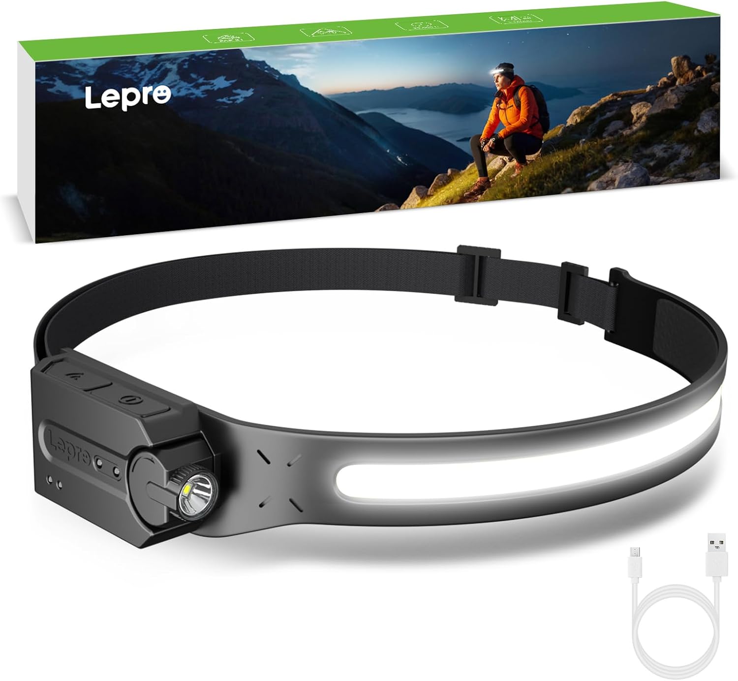 Lepro LED Rechargeable Headlamp Motion Sensor 230°Wide Beam Waterproof