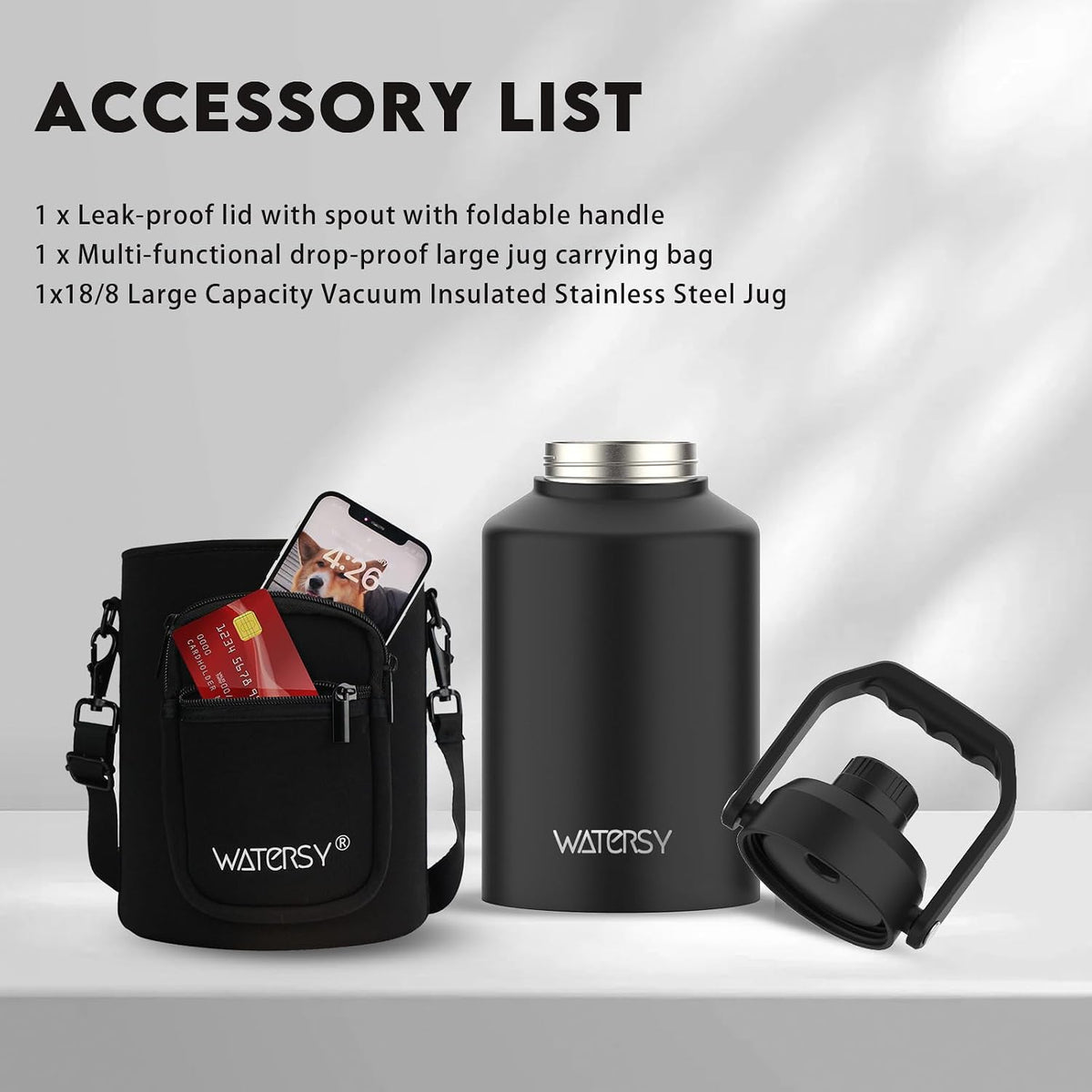 WATERSY 1 Gallon Water Bottle Insulated(Cold for 48 Hrs),BPA Free&Leak Proof,128oz Stainless Steel Water Jug with Handle for Gym,Hiking,Camping&Travel,Black Large Thermo