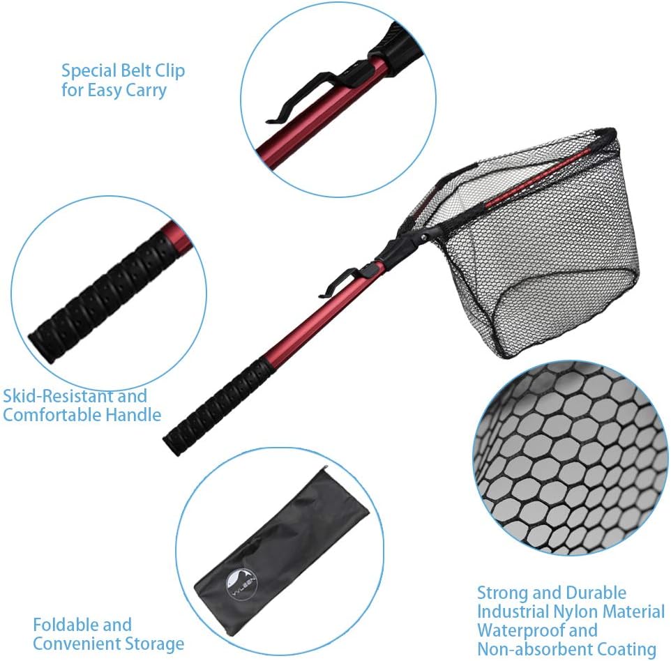 YVLEEN Folding Fishing Net - Foldable Fish Landing Net Robust Aluminum Telescopic Pole Handle and Nylon Mesh 16inch Hoop Size