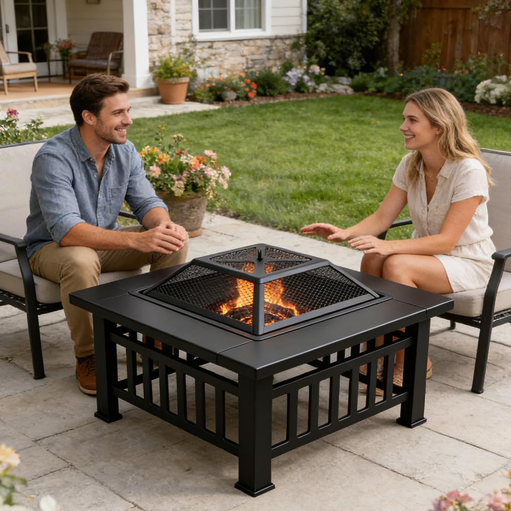 3-in-1 Multifunctional Square Fire Pit Table, 32-Inch Outdoor Metal Fire Pit with Ice Bucket, Black Powder Coated Iron, Charcoal Fueled