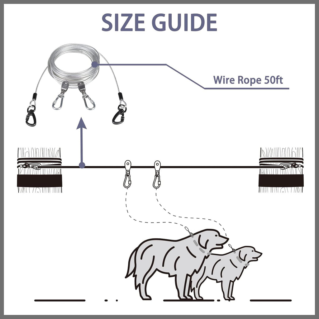 PAWCHIE Dog Tie Out Cable for Camping - 50ft Portable Overhead Trolley System for Dogs up to 200lbs, Heavy Duty Reflective Steel Wire Dog Runner for Yard, Parks, Outdoor Events