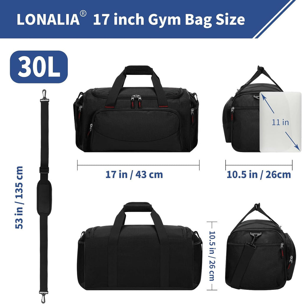 30L Gym Sport Duffle Bag, 17 inch, Black