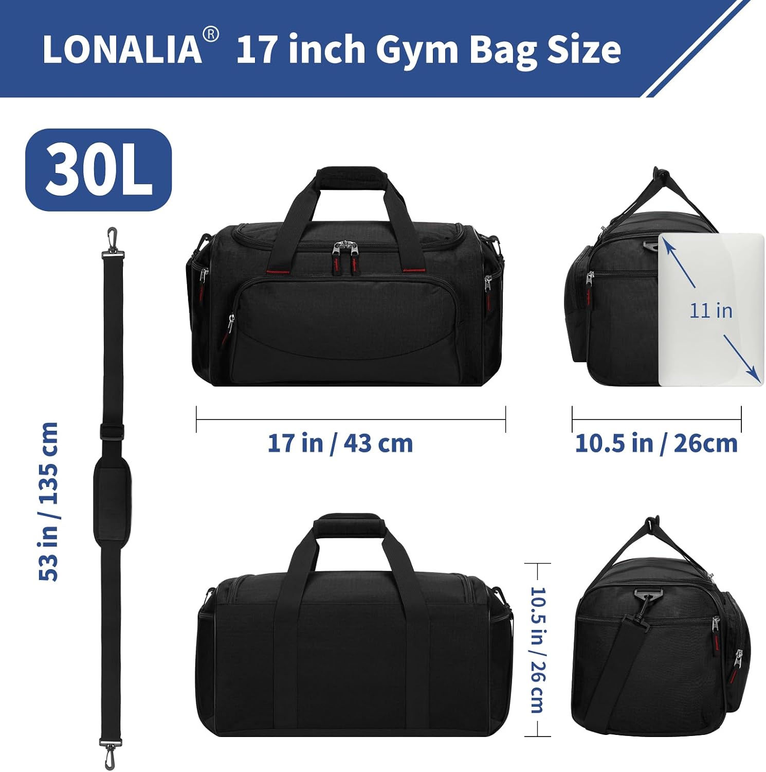 30L Gym Sport Duffle Bag, 17 inch, Black
