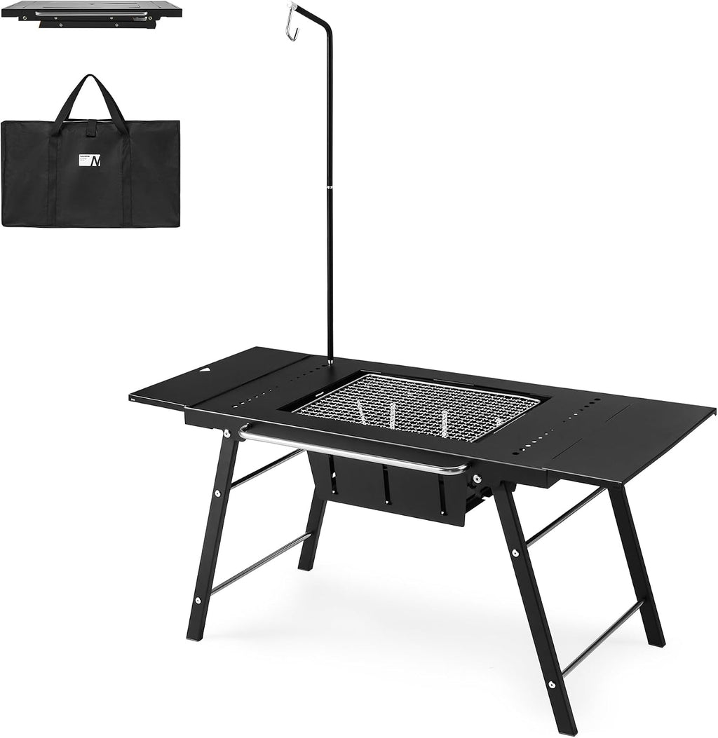 Naturehike Portable IGT Table with Charcoal Grill, Folding Camping Table and BBQ Grill with Desk Extension & Lantern Stand, Perfect for Outdoor Barbecue Camping Cooking Travel Picnic