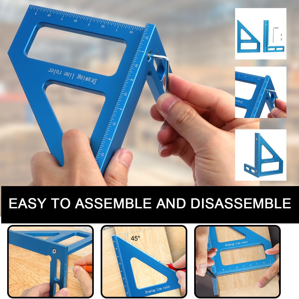 6" Imperial 3D Multi-Angle Measuring Ruler,45/90 Degree Aluminum Alloy Woodworking Square Protractor,Drawing Line,Miter Triangle Ruler High Precision Layout Measuring Tool for Woodworking