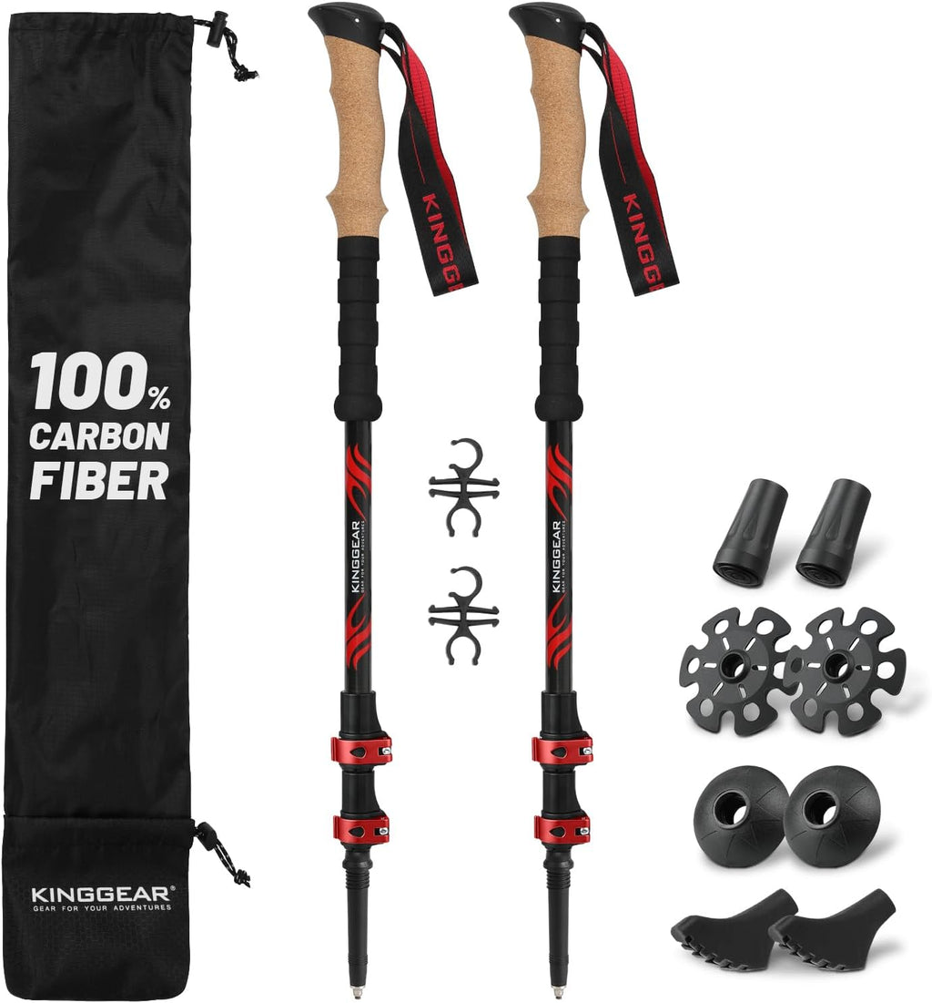 Carbon Fiber Trekking Poles Cork EVA Grip Lightweight | 8.2oz, Telescopic 90-135cm, Metal flip Locks, for Hiking, with Snow/mud/Rubber Tips & Bag