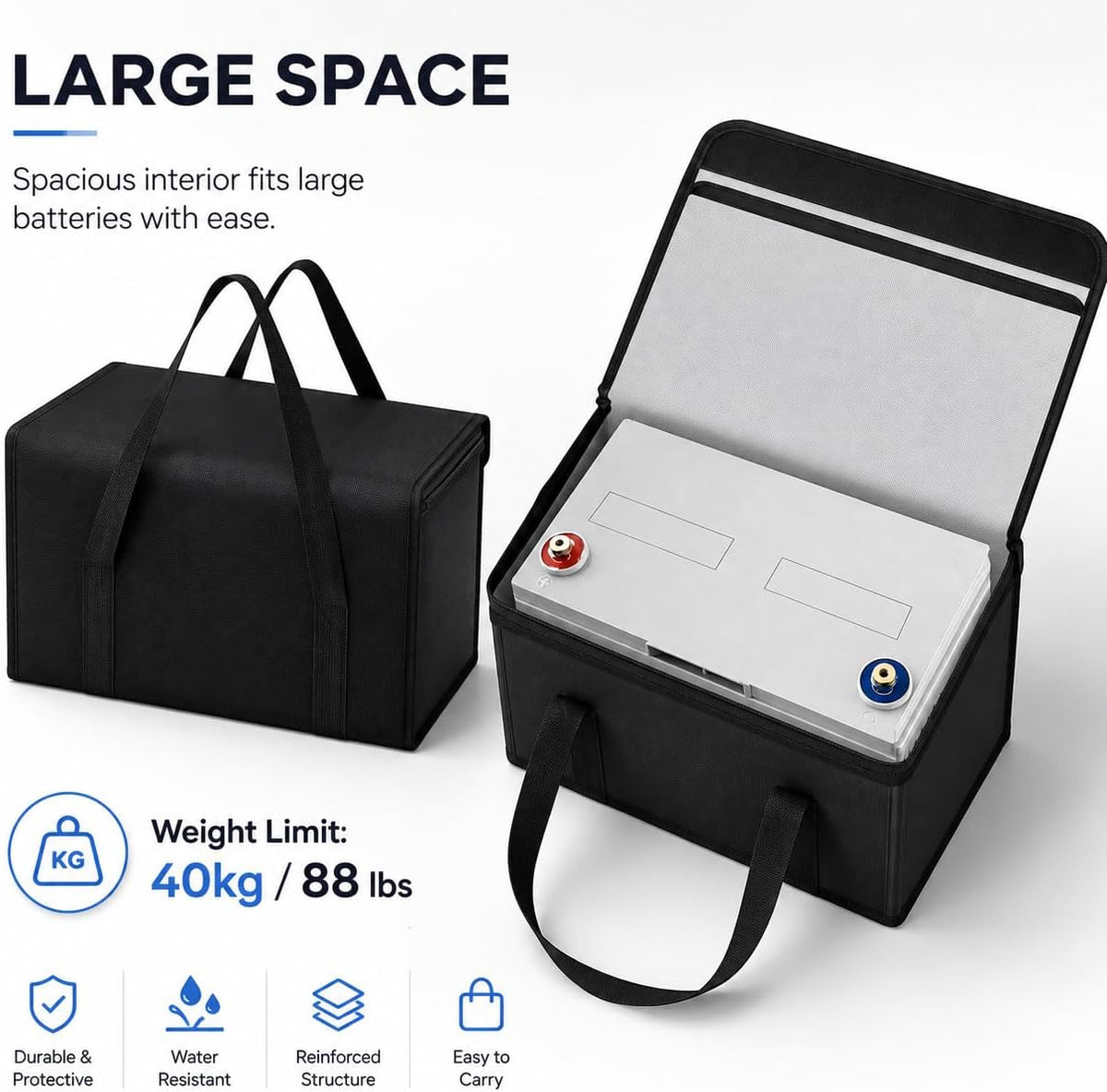 FLASLD Large Fireproof Lipo Bag for 100Ah Lithium Battery Storage and Charging, 14 x 7.8 x 9.5in Waterproof Box for Documents and Valuables