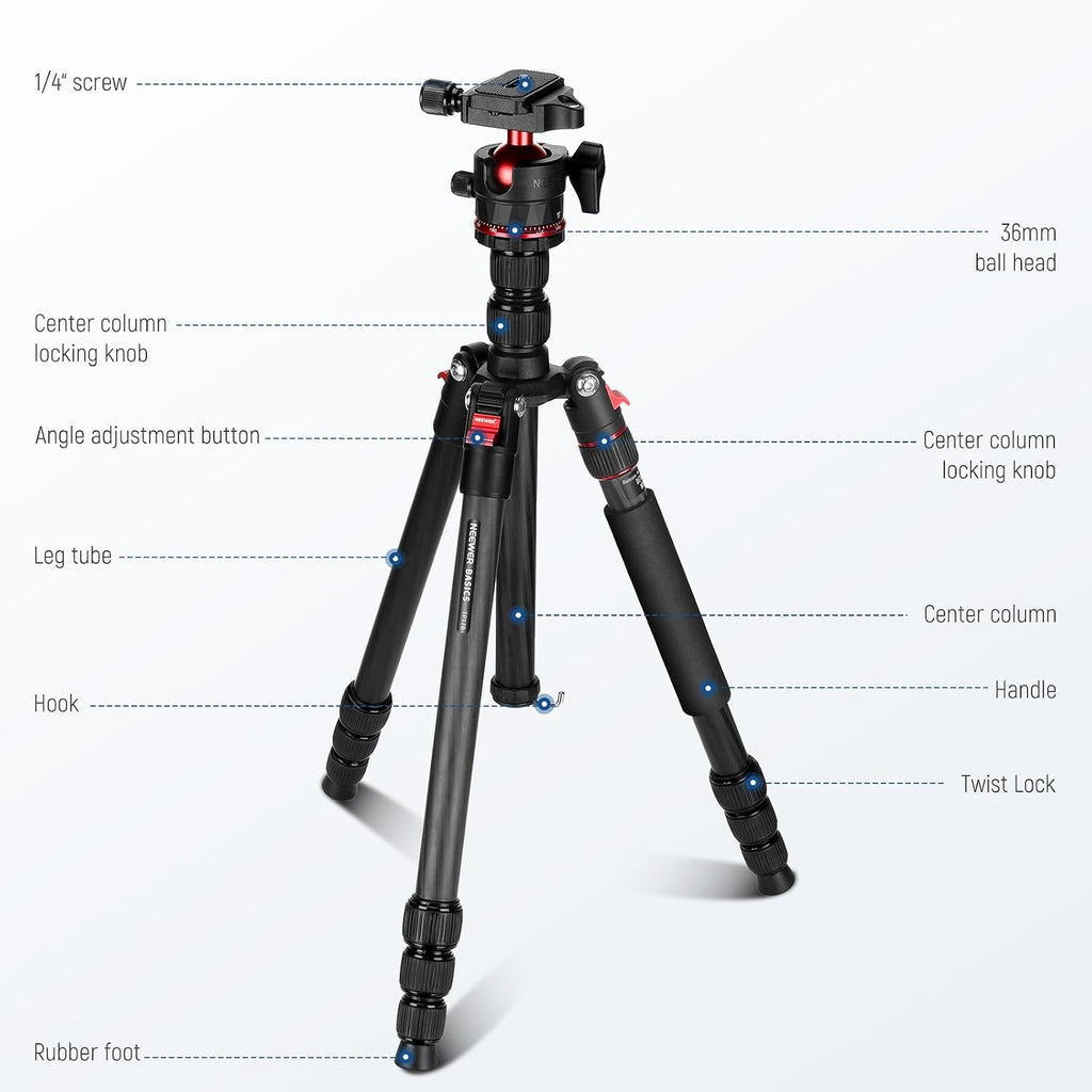 NEEWER Basics Carbon Fiber Travel Tripod Monopod, 64" Compact Lightweight Portable Camera Cell Phone Holder Stand Compatible with iPhone Video Recording, Arca Type Ball Head, Max Load 13.2 lbs, TP17B