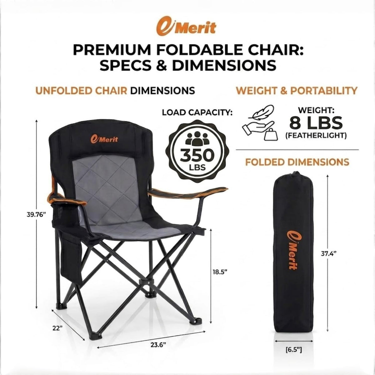 EMERIT Camping Chair, 350LB Heavy Duty Quad Fold Chair with Arms, Collapsible Outdoor Chairs with Lumbar Back & Cup HolderCollapsible for Tailgating, Beach, Fishing