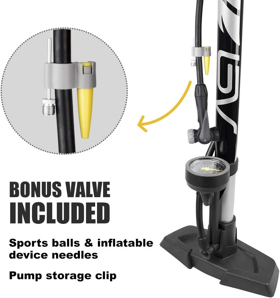 BV Bicycle Pump Durable Bike Floor Pump 17/24 inch Smart Valve Head, 160 psi, Automatically Reversible Presta and Schrader