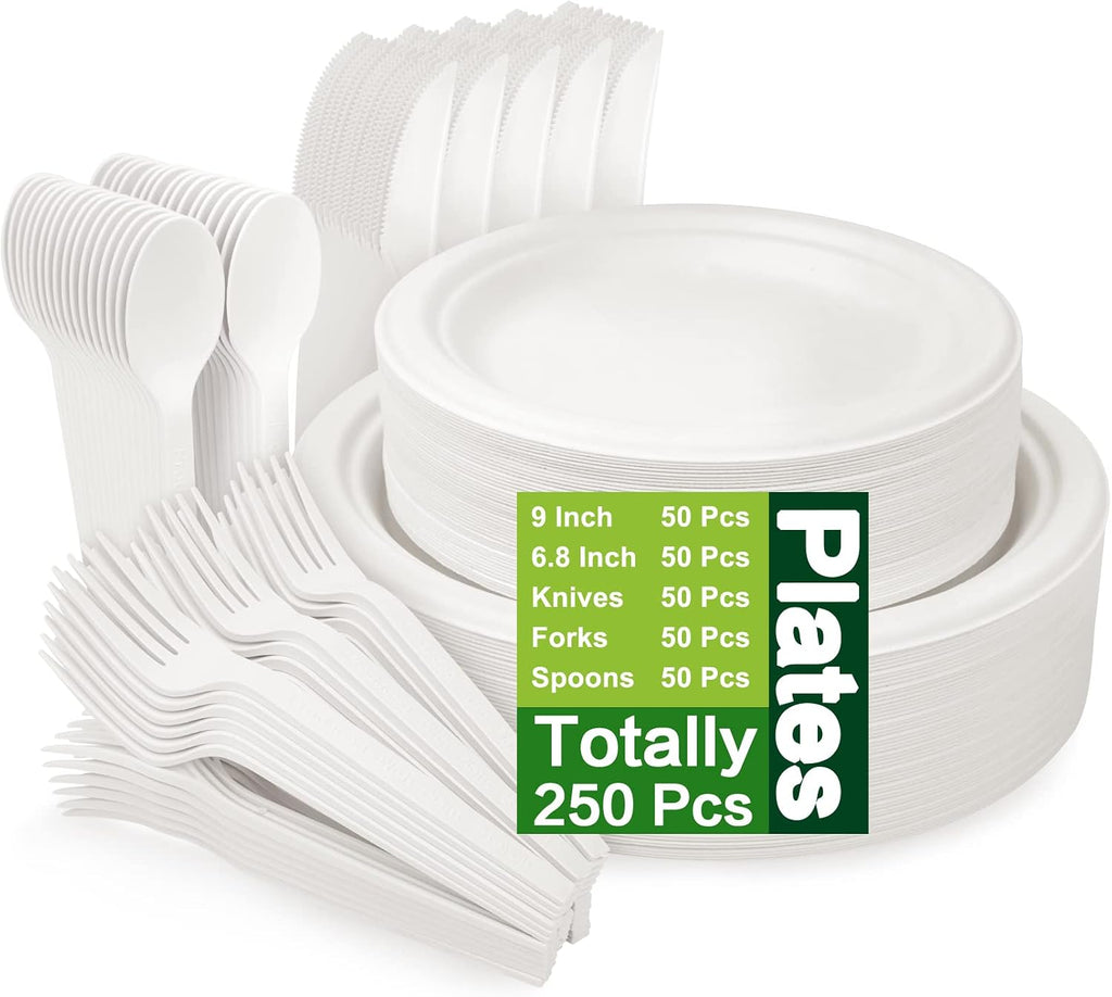 Unves 250 Pcs Compostable Paper Plates Set with Extra Long Utensils, White