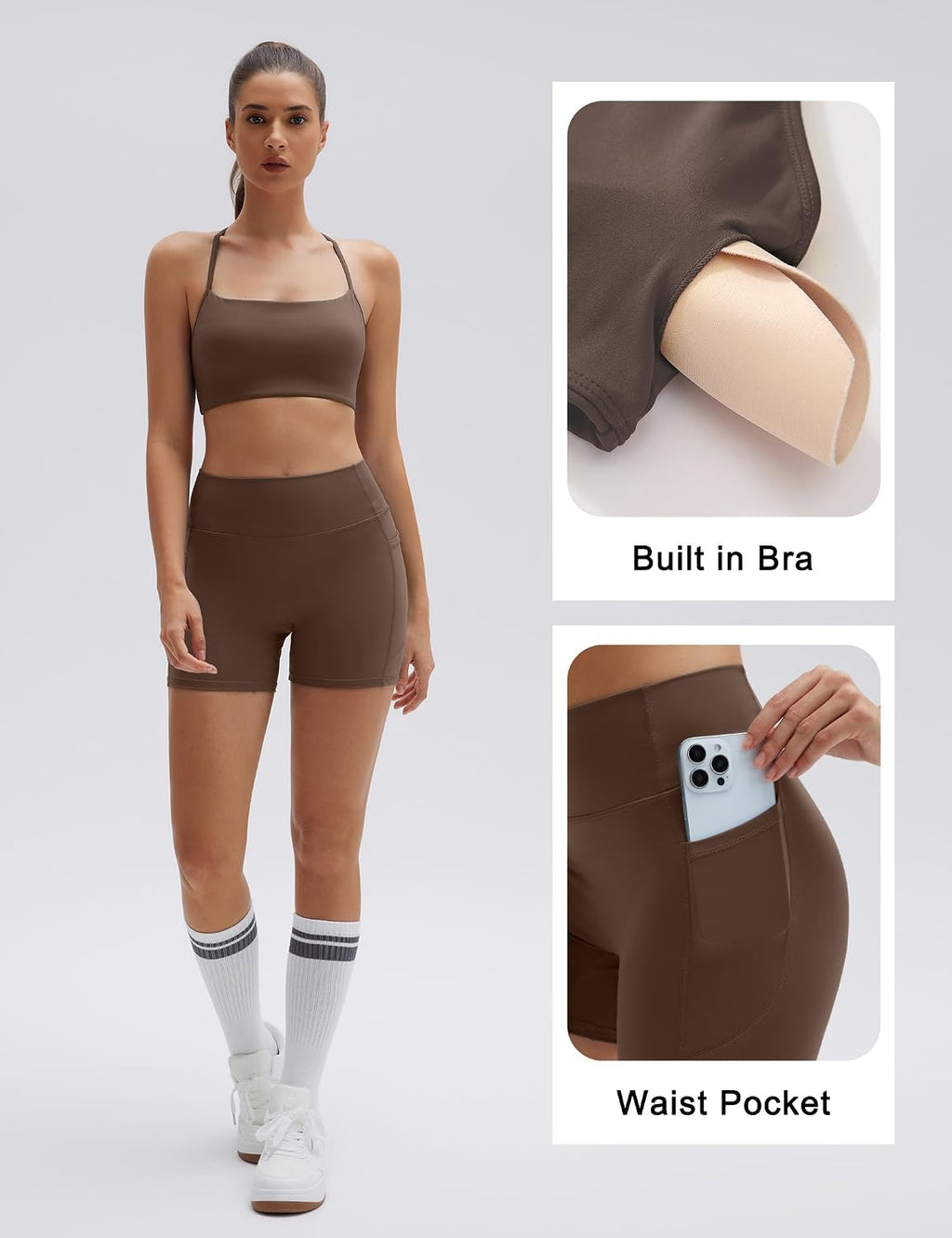 SUUKSESS Women 2 Piece Workout Sets Padded Halter Sports Bras High Waisted Biker Shorts with Pockets