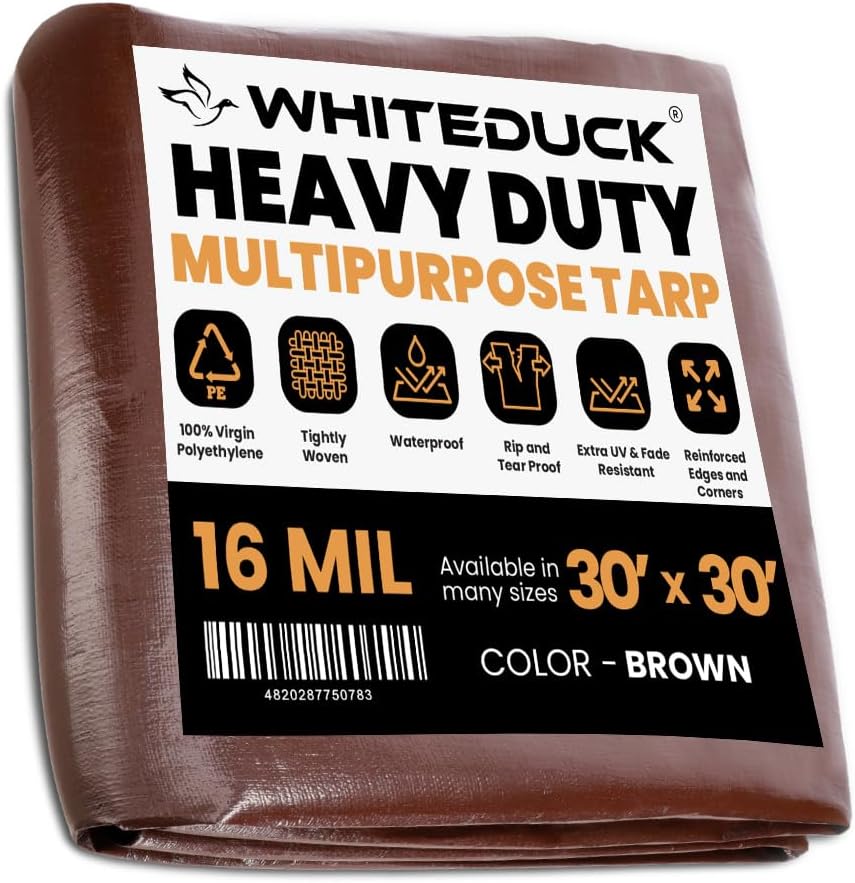 WHITEDUCK Super Heavy Duty Poly Tarp Cover 16 Mil with Grommets and Reinforced Edges (Brown- 16 Mil, 30' x 30')