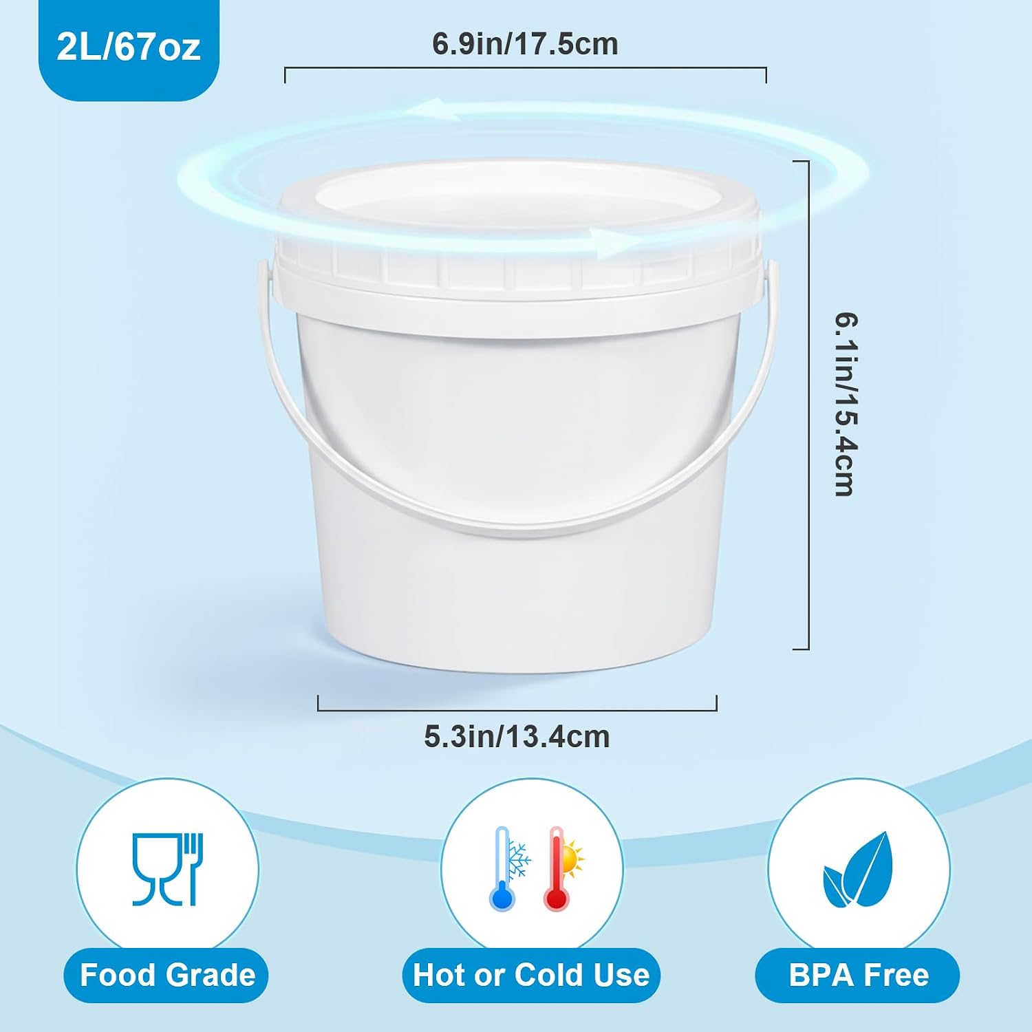 ASEVAT 10 Pack 67OZ/2000ML Airtight White Plastic Bucket with Lid & Handle, Food Grade Reusable Tub - Freezer & Microwave Safe for Ice, Ice Cream, Sauce, Soup & Party