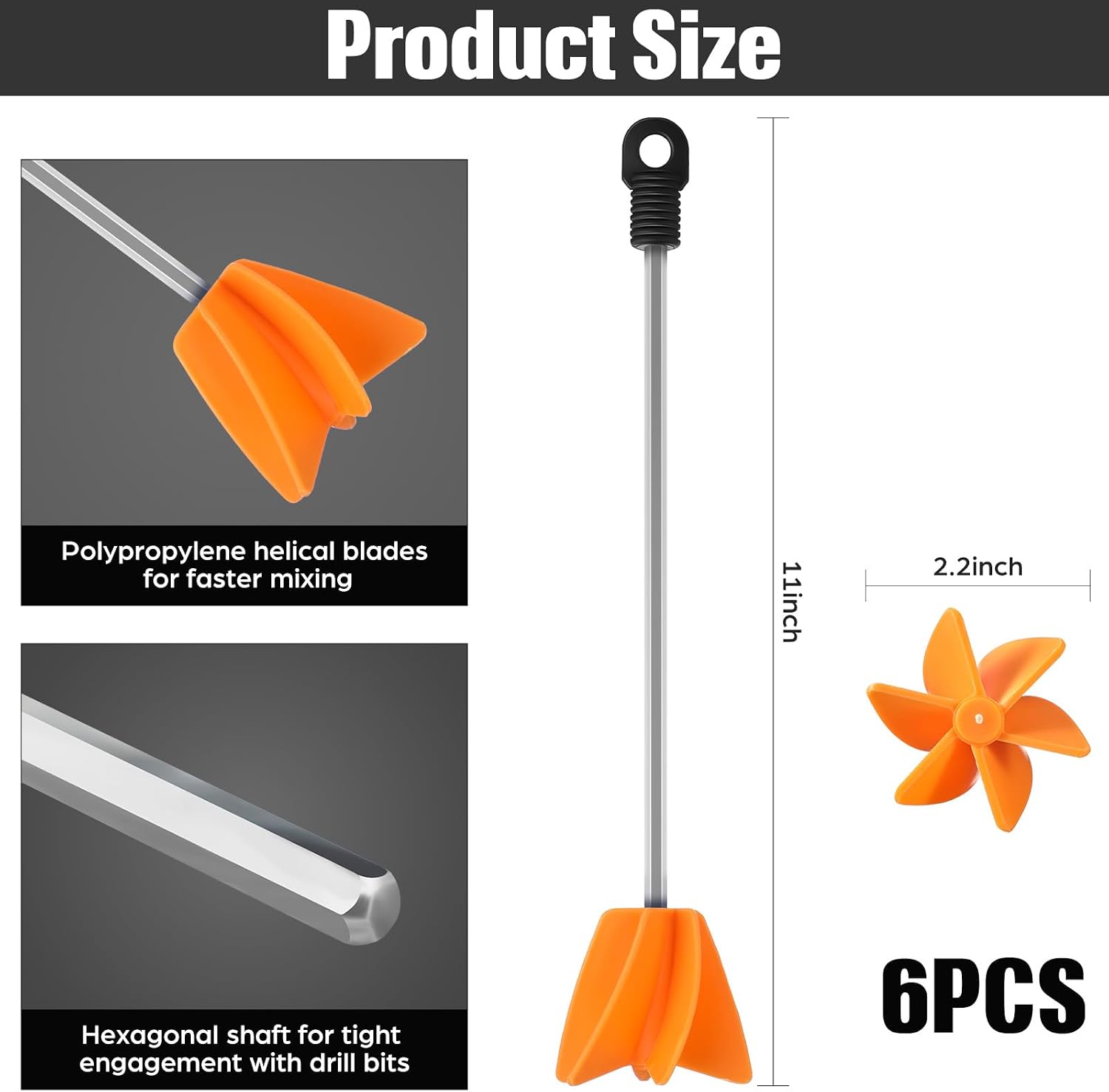 Loosh 11",6 Pcs Paint Stirrer for Drill, Paint Mixer Attachment,Orange