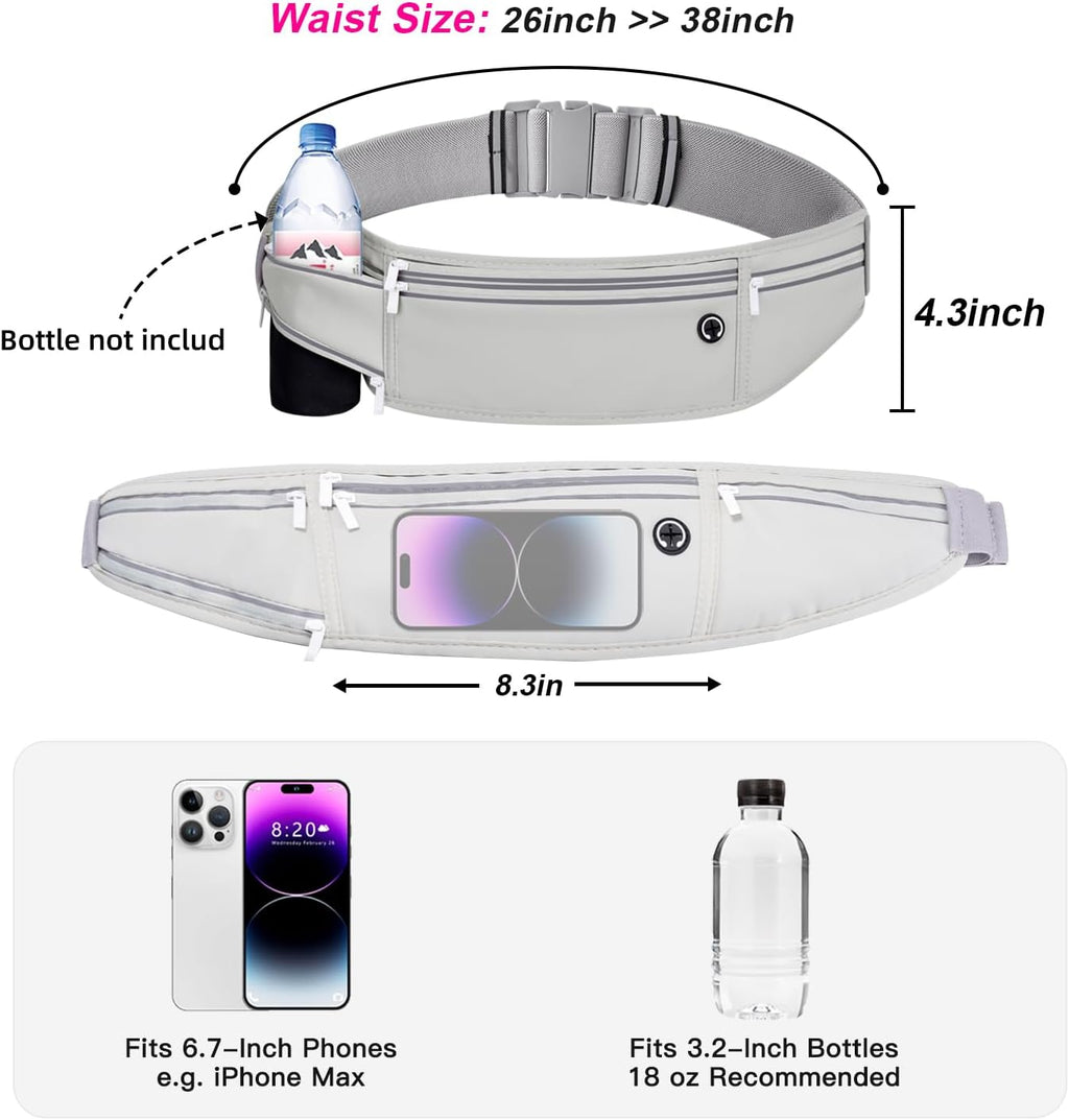 Slim Running Belt for Women Men,Runners Fanny Pack Phone Holder,Money Belt,Running Gear Accessories,with 3 Pockets (Gray)