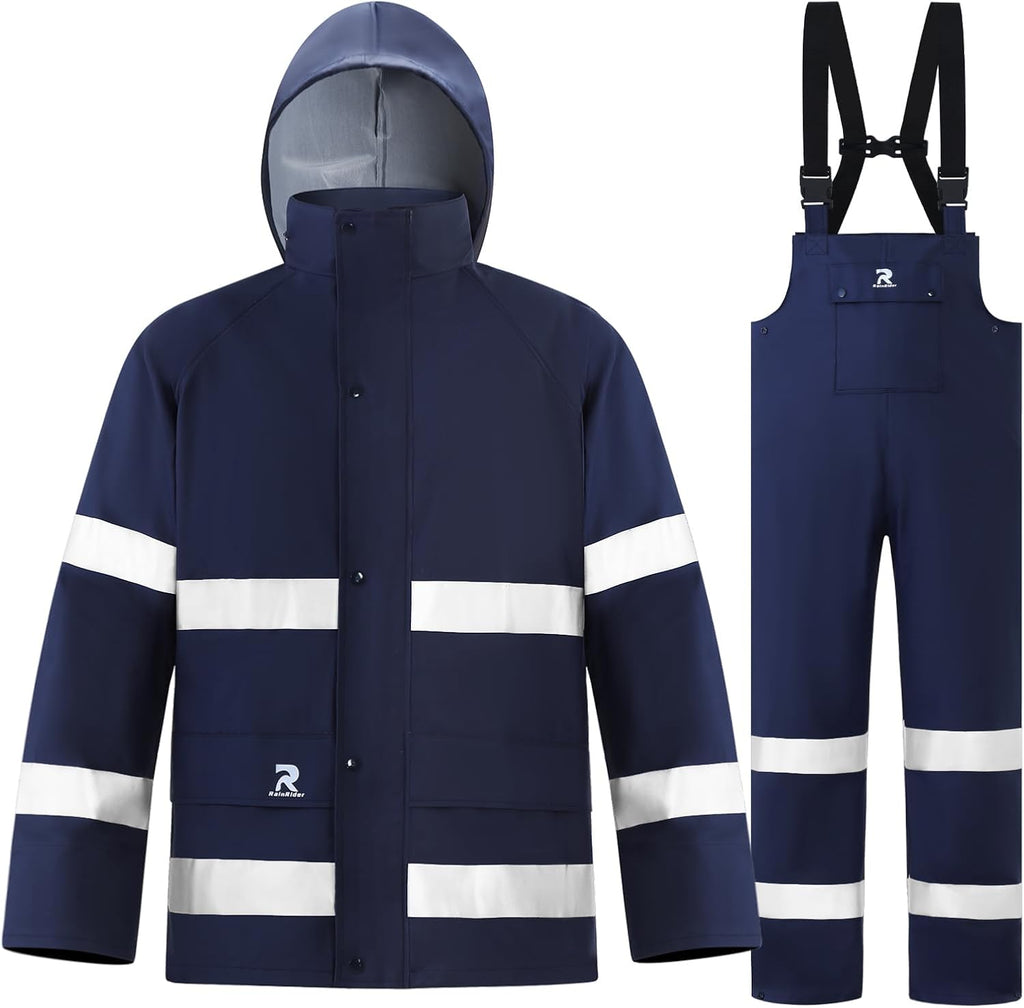 RainRider Rain Suits for Men Women Waterproof Reflective Rain Coat Bib Pants for Safety Heavy Duty Rain Gear Fishing
