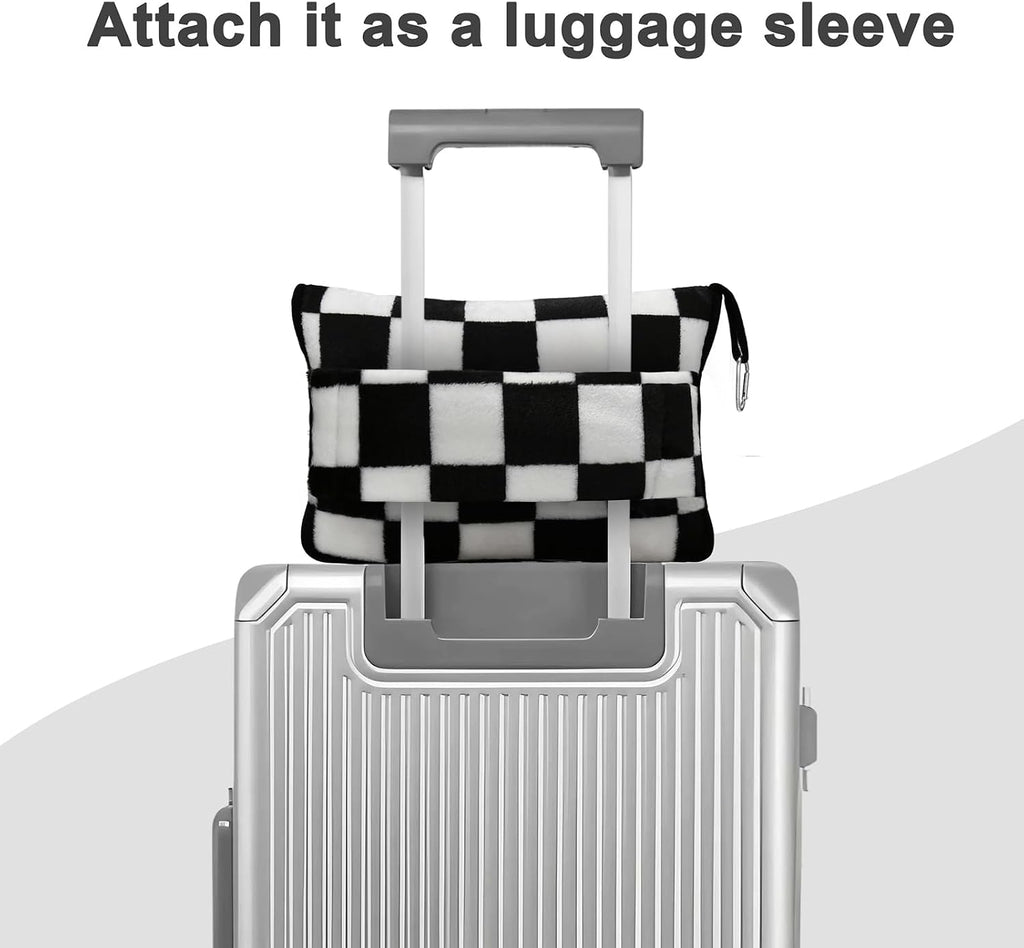 Travel Blanket and Pillow Compact, Premium Soft 2 in 1 Airplane Blanket with Soft Bag Pillowcase，Hand Luggage Sleeve and Backpack Clip (Checkered Black)