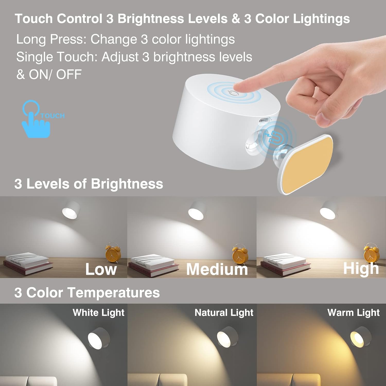 AKSDA LED Reading Light, Rechargeable Battery Operated Wall Sconce with 360-Degree Rotation Magnetic Mounting, Dimmable 3 Color Temps Touch Control Cordless Wall Lights for Bedroom Bedside, 1 Pack