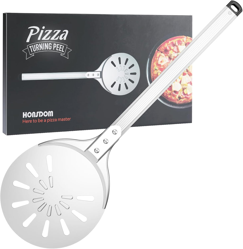 Pizza Turning Peel, 8-inch Pizza Peel Turner Spinner with Non-Slip Long Handle & Silicone Hanging Hook, Essential Pizza Oven Accessories for Outdoor & Indoor Baking, Even Crispy Crust Every Time