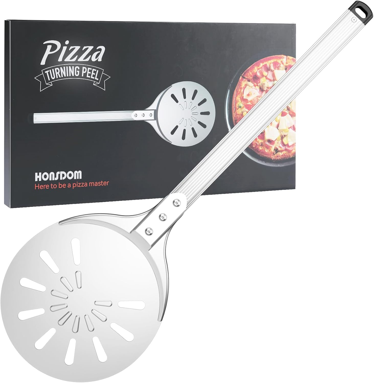 Pizza Turning Peel, 8-inch Pizza Peel Turner Spinner with Non-Slip Long Handle & Silicone Hanging Hook, Essential Pizza Oven Accessories for Outdoor & Indoor Baking, Even Crispy Crust Every Time