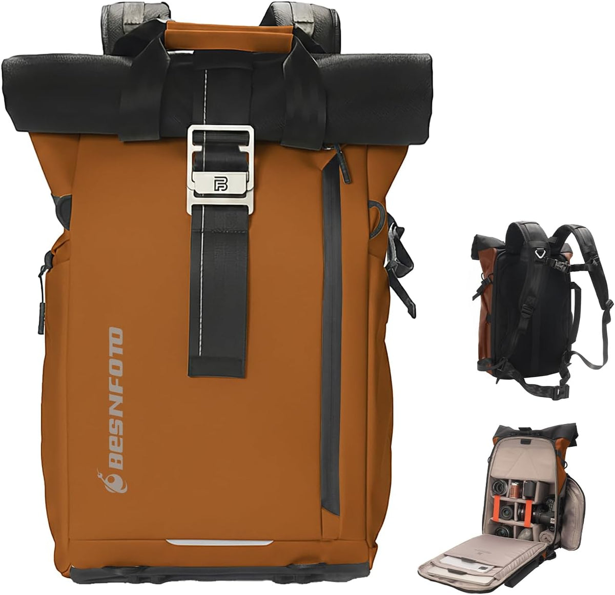 Besnfoto Camera Backpack, Waterproof Travel Camera Bag for Photographer Expandable Roll Top Photography Case for DSLR SLR Mirrorless Camera Fit up to 15.6 inch Laptop with Rain Cover