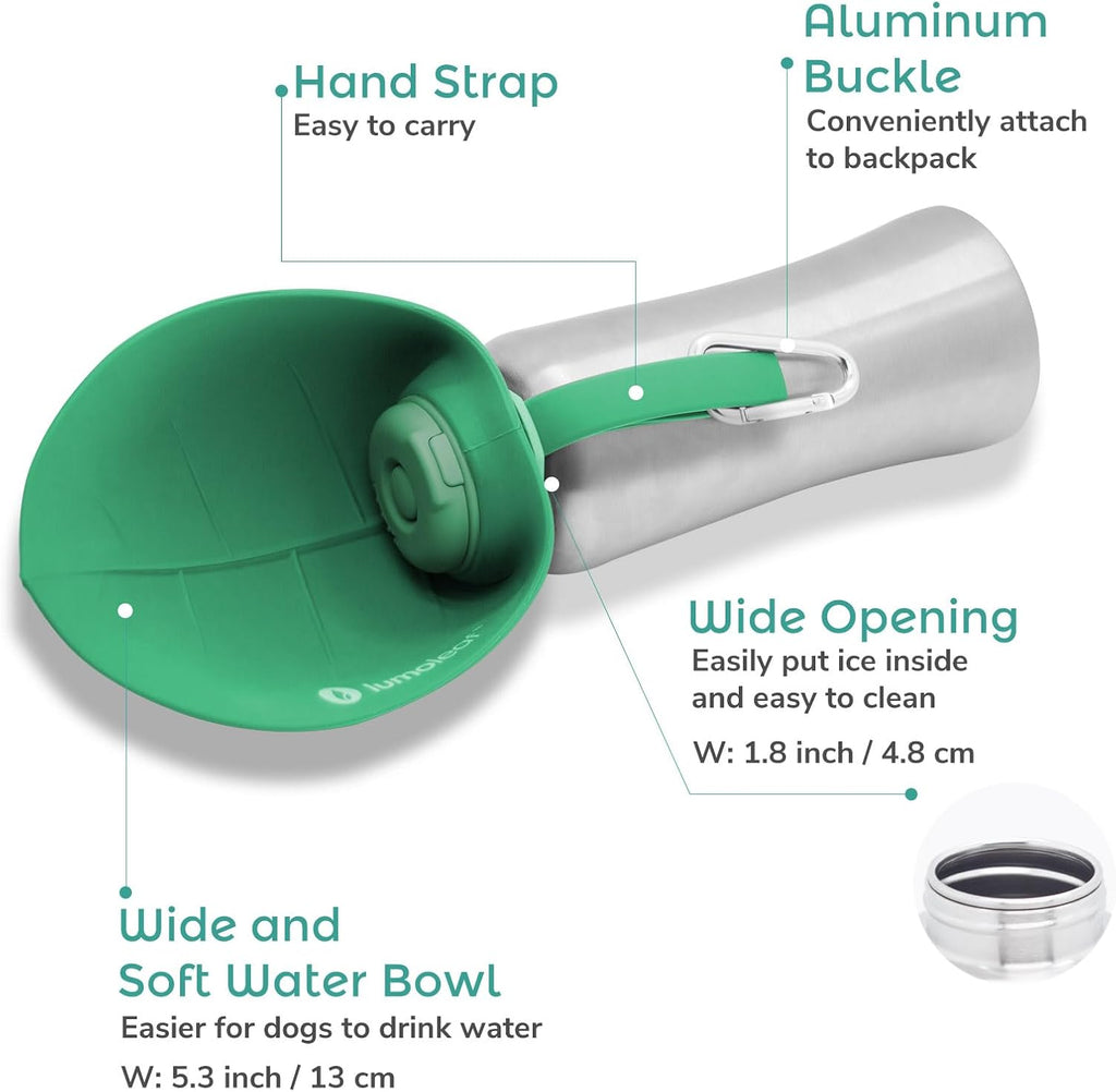 LumoLeaf Portable Dog Water Bottle 27 OZ, Stainless Steel Pet Travel Water Bottle Dispenser for Walking, Hiking and Outdoor, Portable Water Bowl for Large Dogs (Green)