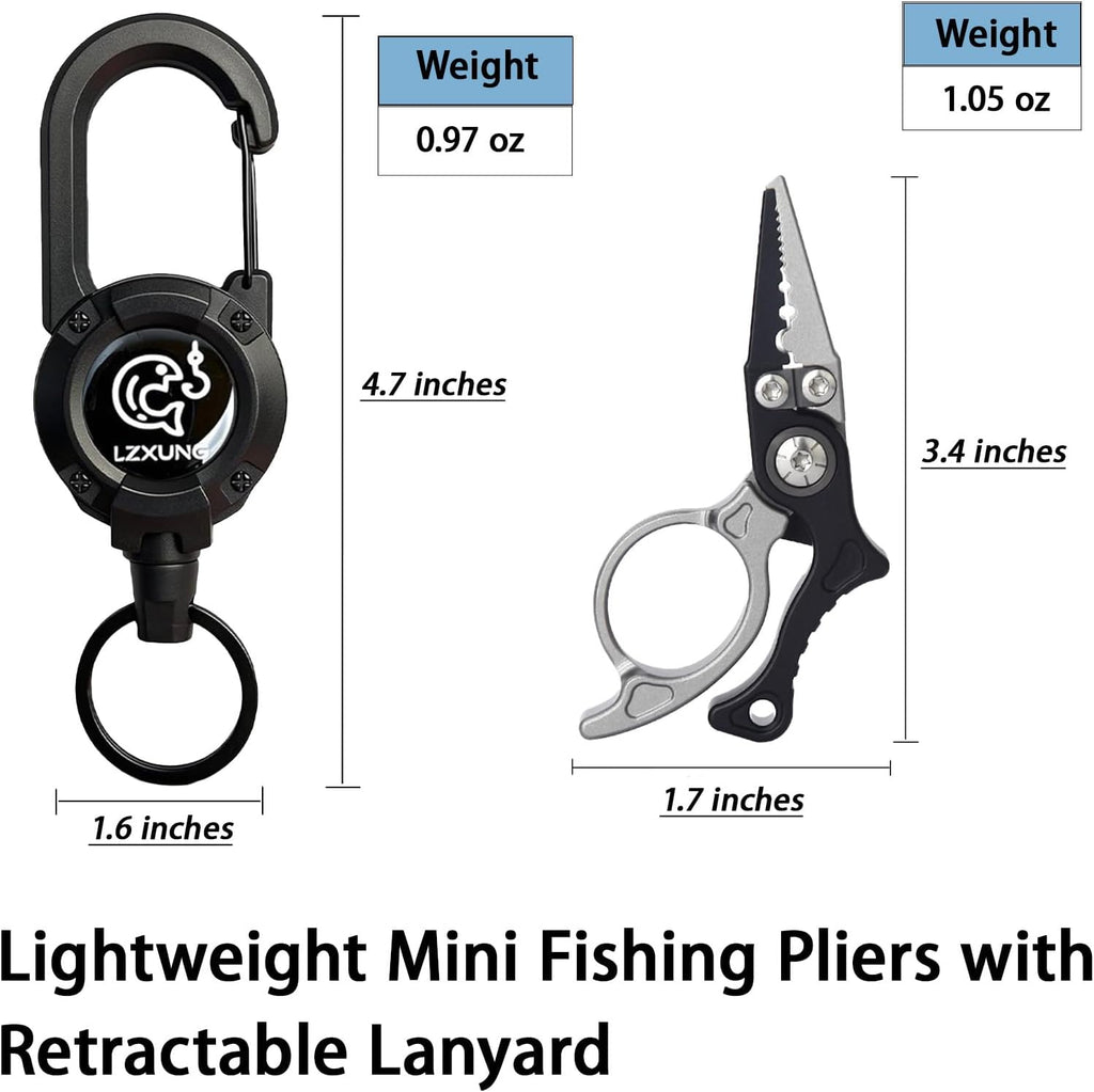 Mini Fishing Pliers with Zinger Retractor, Split Ring Pliers for Saltwater & Freshwater, Tungsten Carbide Braid Cutters & Hook Remover, Compact Multitool for Freshwater Fly Fishing,Bass Fishing