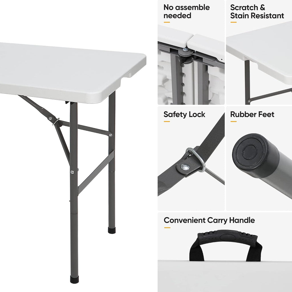 SUPER DEAL Portable 4 Foot Plastic Folding Table, Small Indoor Outdoor Heavy Duty Fold-in-Half Picnic Party Camping Barbecues Table with Carrying Handle, White