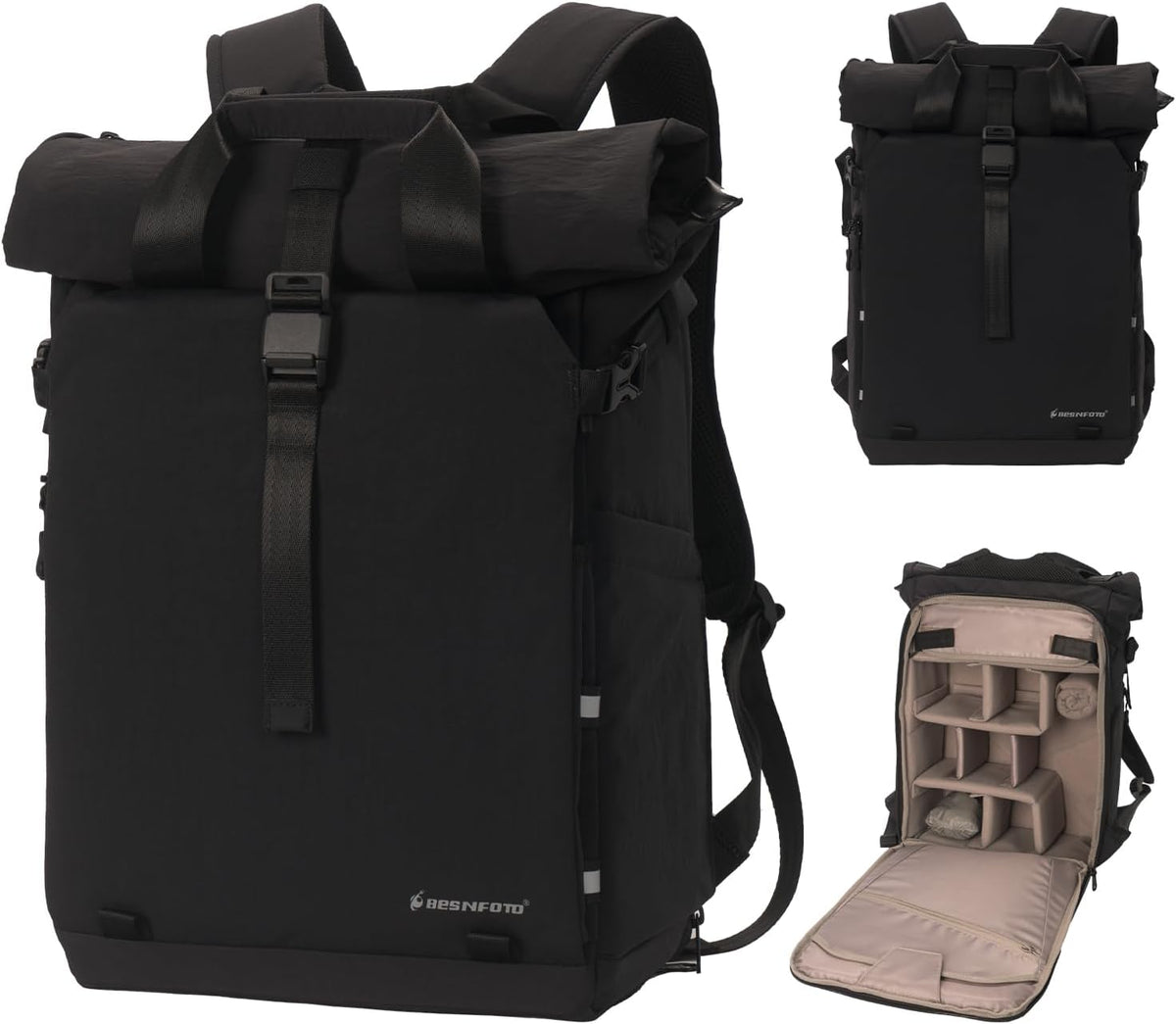 Besnfoto Camera Backpack, Expandable Roll Top Waterproof Photography Bag with Modular Dividers, Professional Camera Case for DSLR SLR Mirrorless Drones, Fits Up to 15.6 Inch Laptop