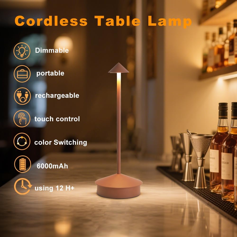 2 Pack Aluminum Cordless Table Lamp, 6000mAh Rechargeable Table Lamps, Portable Touch LED Lamp, Outdoor Waterproof Dimmable Cordless Rechargeable Table Lamps for Restaurant/Patio-(Brown)