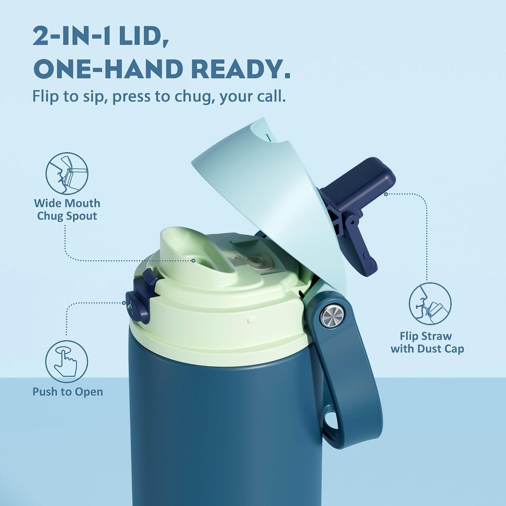 POWCAN 24 oz Insulated Stainless Water Bottle: 2-in-1 Push-Button Spout & Quick-Flip Straw, Leakproof, Cold 24 Hrs, Fits Car Cup Holder, Reusable Metal Bottle for Sports, School Gift (Denim Blue)