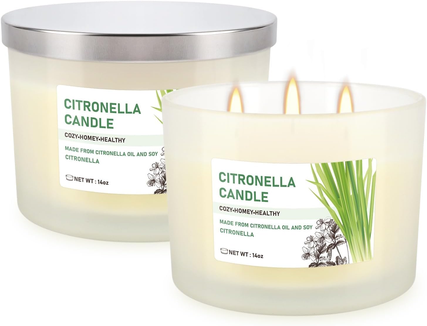 Citronella Candle Set of 2, 14oz Frosted Jar Triple-Wick, Clean & Smokeless for Outdoor Patio, Garden, Deck, Porch Ambiance with Natural Citronella Scent