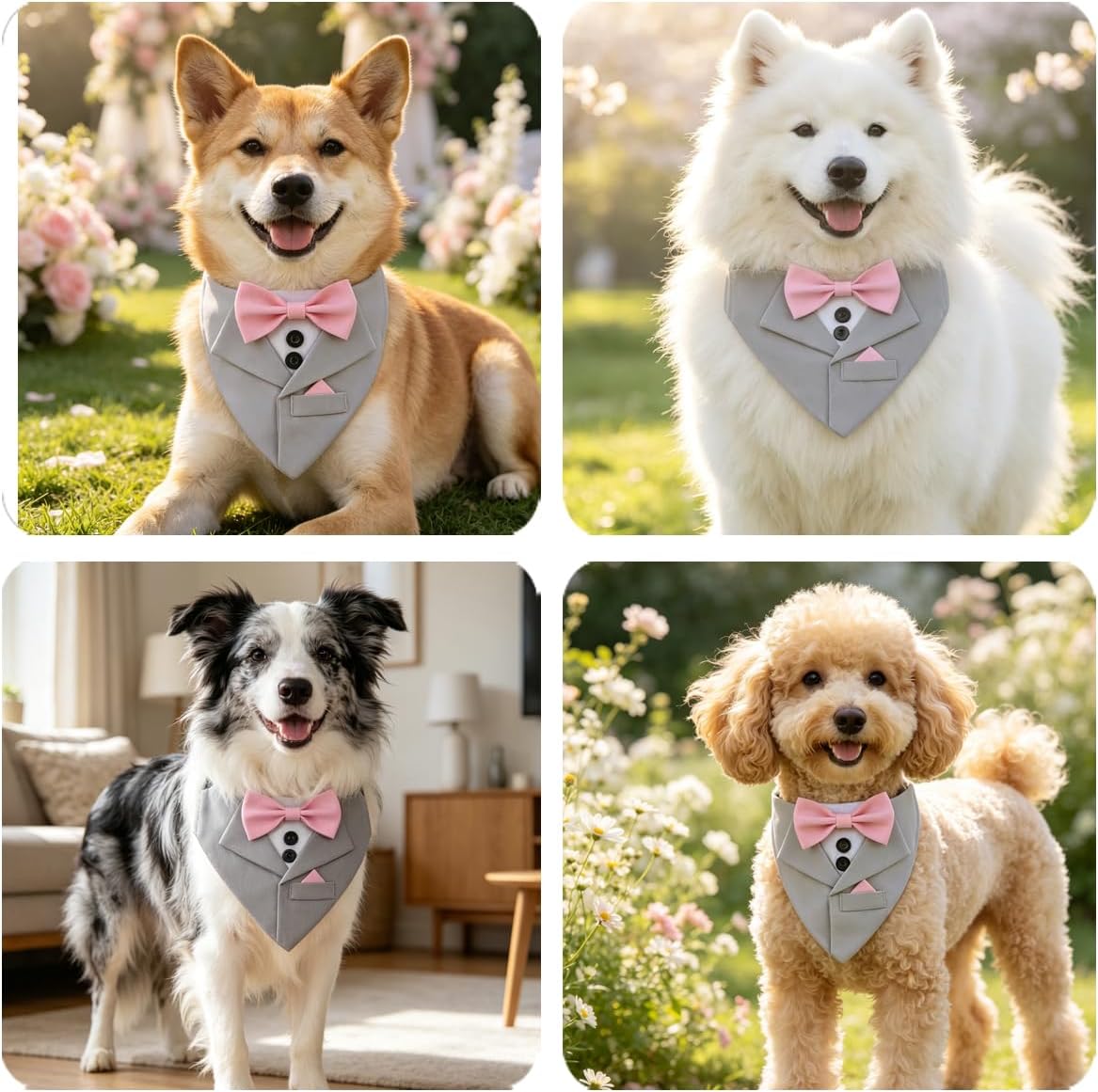 Formal Tuxedo Suit Dog Collar, Wedding Graduation Costume Make-up Pet Supplies, Tux Light Gray Bandana with Pink Bowtie (L)