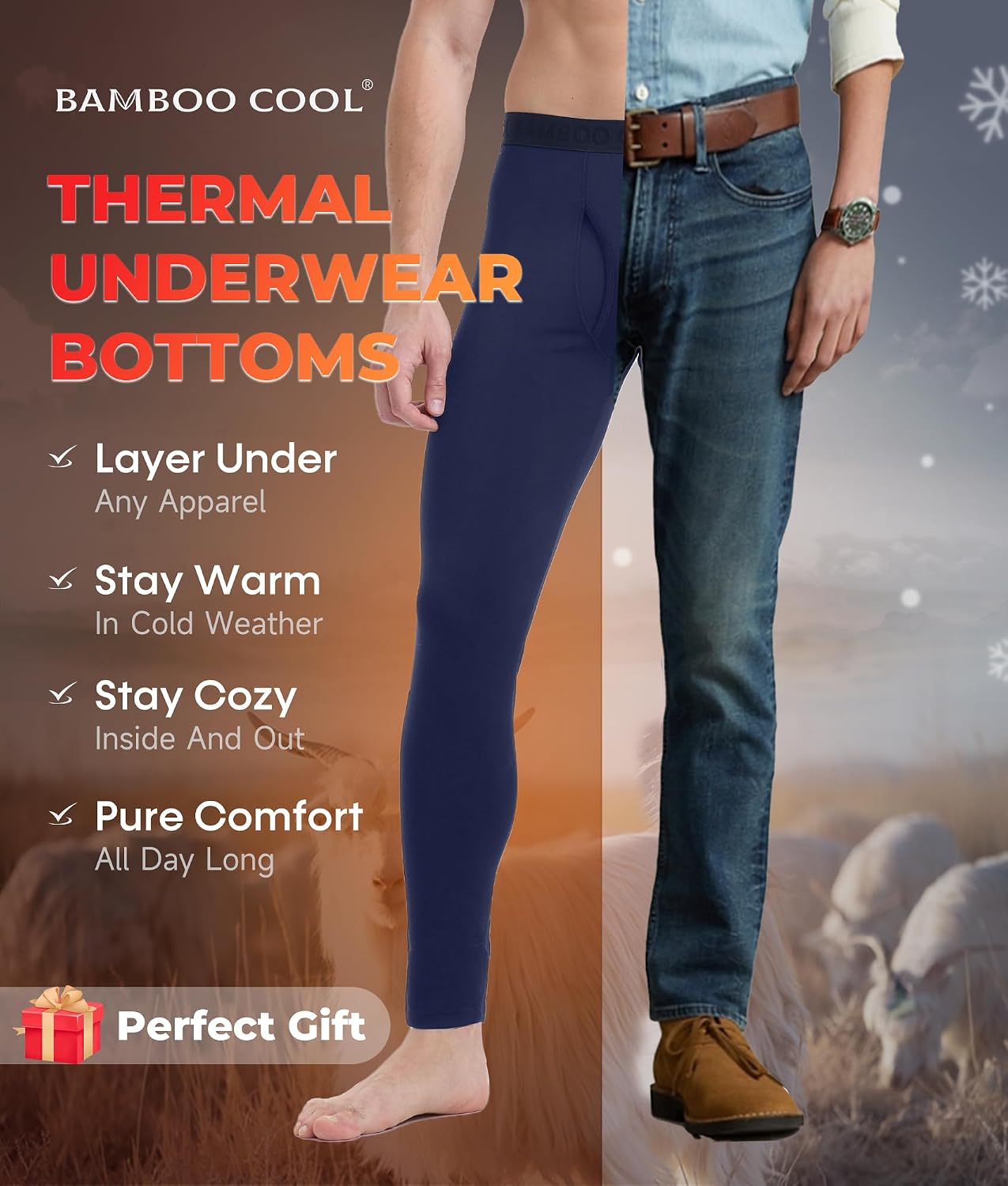 BAMBOO COOL Men's Wool Blend Thermal Pants, 2-Pack Heavyweight Long Johns